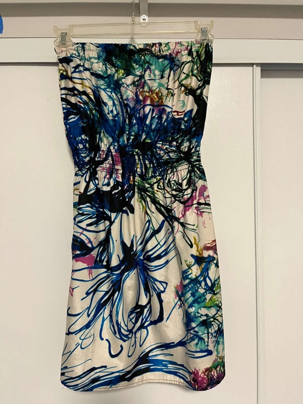 Eight Sixty Strapless Abstract Floral Dress in Blue, Green, Pink
